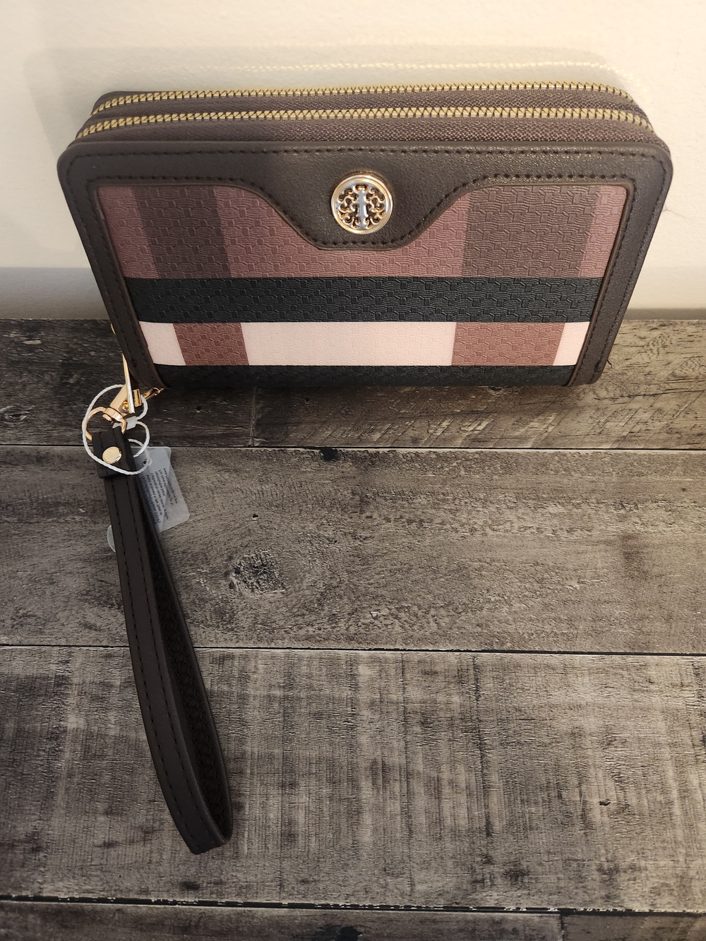 Striped Wristlet Wallet with Gold Medallion - Picture 2 of 4
